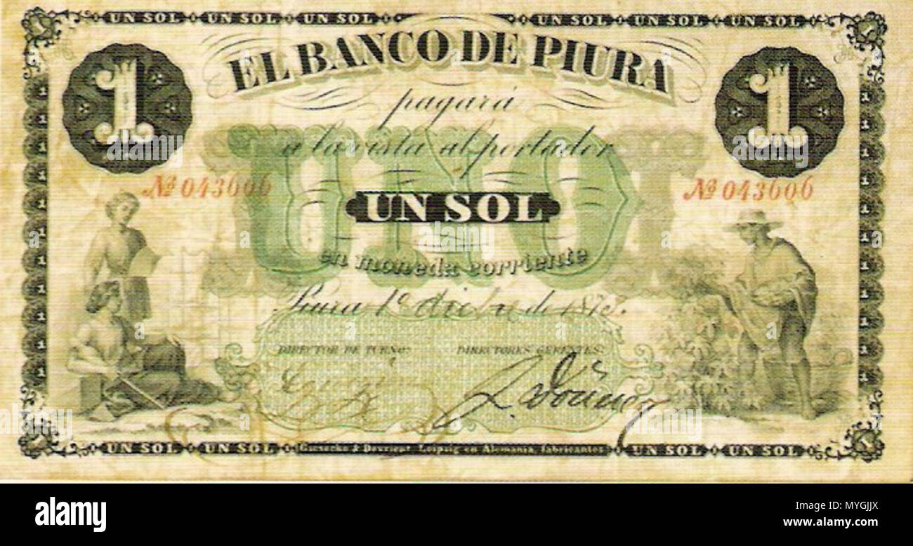 . La banconota del Banco de Piura in Perù. Questa banca emesse banconote per 1, 5, 10 e 20 suole. Banco de Piura ha deciso di porre fine alla sua rilasciate dopo la modifica e il legislatore countermarking di conti del 1877. 1873. Banco de Piura. Ho eseguito la scansione del bill 2 1 Sol Piura Foto Stock