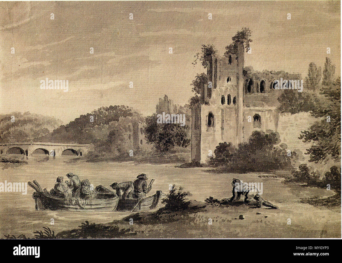 . 'Sketch del Ruinede presso la Abbey a Binghen, con il ponte sul fiume Nahe, costruito da Druso germanico, presa vicino alla confluenza del Nahe, con il Reno. 9 settembre 1817' da J. Forbes. SEPIA ACQUARELLO, 136x194 mm . Il 19 gennaio 2008. McLeod 263 J Forbes rovine a Bingen abbey 1817 Foto Stock