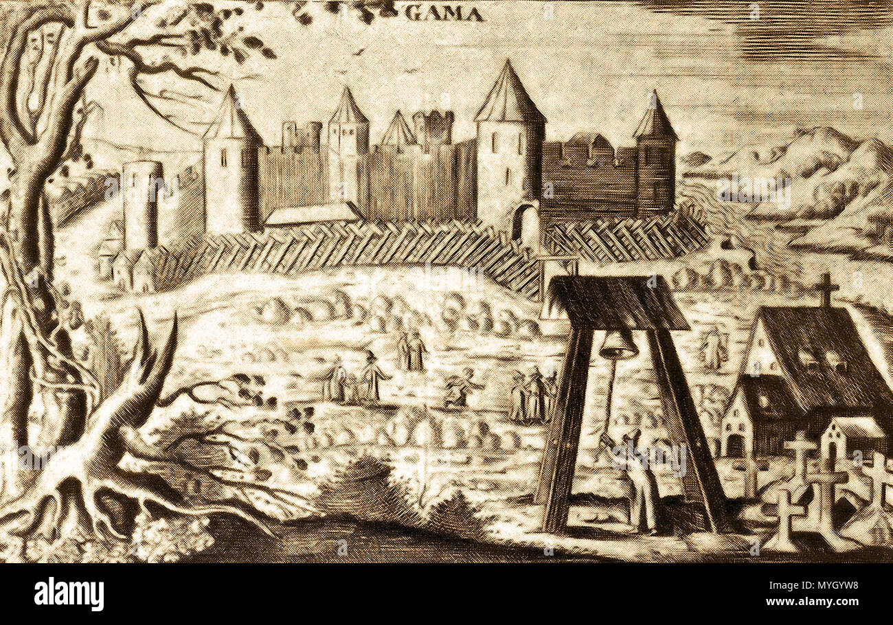 . Suomi: Jaaman linna Русский: Гравюра Боденера с изображением крепости Ямбург. Сделана во время контроля крепости Ямбург шведами в русского эпоху царя Михаила Федоровича (между годами 1617-1625) . 1600 luku. Olaerius, Reise-Beschreibungen 263 Jaaman linna Foto Stock