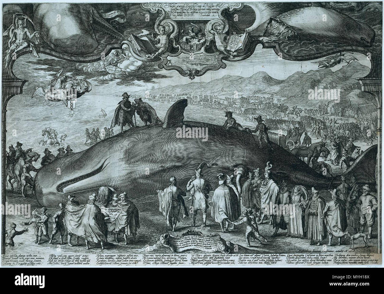 . Inglese: Spiaggiata wale vicino Beverwijk, 1601. Incisione. 411 × 597 mm. Amsterdam, Rijksmuseum Amsterdam, stampe (inv.n. RP-P-OB-4635). Nederlands: Gestrande walvis bij Beverwijk, 1601. Il rotocalco. 411 × 597 mm. Amsterdam, Rijksmuseum Amsterdam, Prenten (inv.nr. RP-P-OB-4635). Română: Cașalot eșuat lângă Beverwijk, 1601. Gravură. 411 × 597 mm. Amsterdam, Rijksmuseum Amsterdam, Imprimat (inv.n. RP-P-OB-4635). Provenienza: 1816: trasferite al Rijksmuseum Amsterdam, Amsterdam inglese: Incisione di una spiaggiata Capodoglio in Beverwijk il 19 dicembre 1601. La folla curiosa stream per visualizzarlo. Le arti Foto Stock