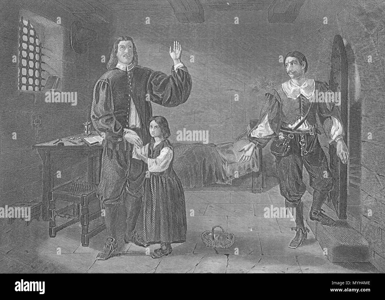 . Inglese: questa è una foto di John Bunyan in prigione come sua figlia cieca sta lasciando. 1874. Bradley Garretson & Co. E William Garretson & Co. 279 John Bunyan in Bedford carcere 1667 - Qualità media Foto Stock