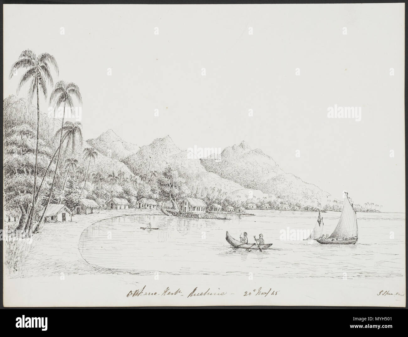 . Inglese: Speer, Giovanni, d 1848 :Ophare Harb[Il nostro]. Huahine, xx Nov [18]45. Numero di riferimento: un-191-013. Vista di una baia curvo, con case lungo il bordo dell'acqua sotto gli alberi di palma, con bush colline coperte di dietro. Vi è una sostanziale casa grande o chiesa al bordo dell'acqua. Due figure racchetta una piccola barca con outrigger nel centro di primo piano, e c'è una barca a vela a destra. Il 20 novembre 1845. John Speer (d. 1848) 280 John Speer, Ophare Harbour, Huahine, 20 novembre 1845 Foto Stock