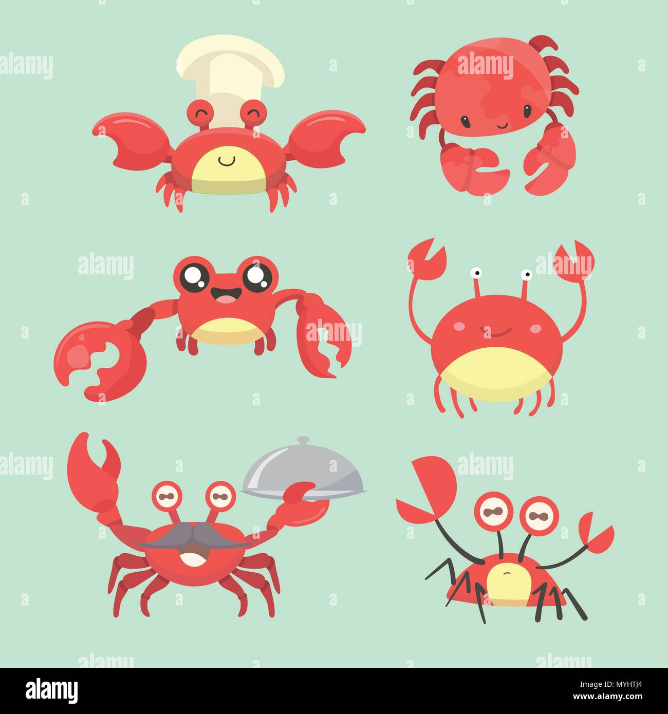 Illustrazione di una serie di cartoni animati di caratteri di granchio. Illustrazione Vettoriale