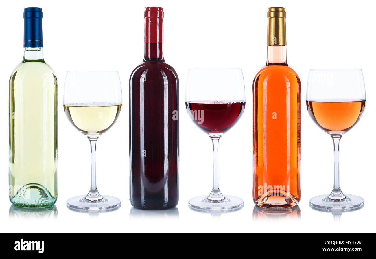 Red Rose e vino bianco bottiglie di vetro bere alcool isolato su uno sfondo bianco Foto Stock