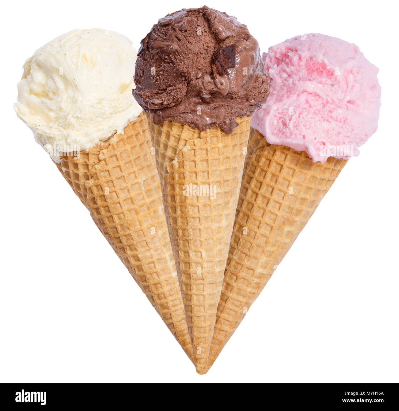 Ice Cream scoop cono gelato alla vaniglia gelato al cioccolato isolato su uno sfondo bianco Foto Stock