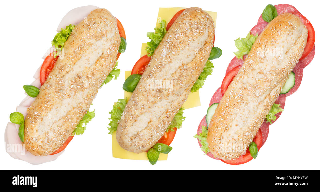 Panini grani interi di prosciutto formaggio salame dall'alto isolato su uno sfondo bianco Foto Stock