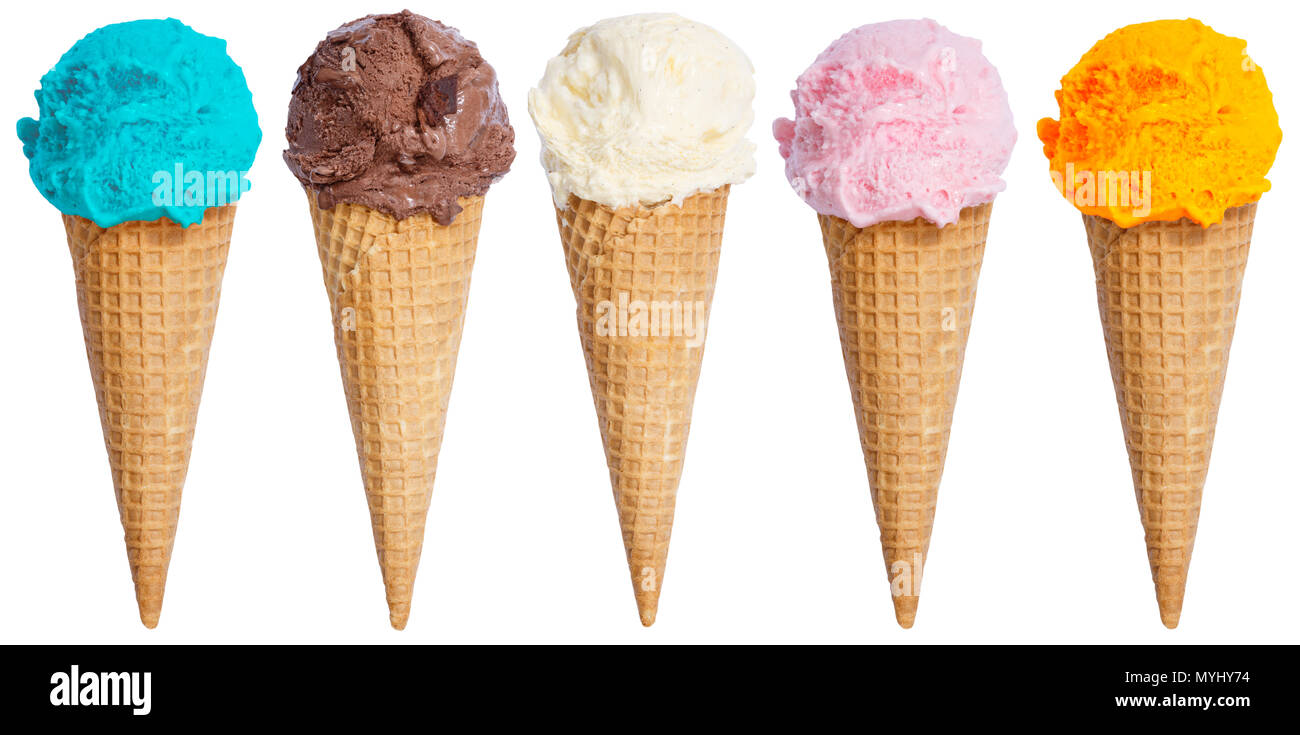 Raccolta di gelato scoop cono gelato in una fila di gelato isolato su uno sfondo bianco Foto Stock