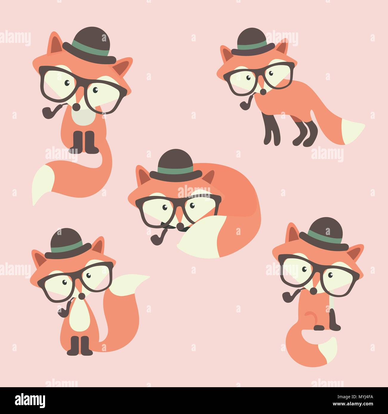 Set di Cartoon carino volpi nei moderni semplice piatto stile. Vettore isolato illustrazione. Illustrazione Vettoriale