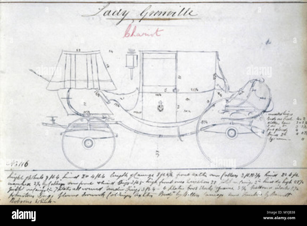 . Signora Grenville's Chariot, c 1810-1873 piastra da 'Woodall allenatore progetta', realizzata tra il 1810 e il 1873, che mostra un disegno per un quattro ruote di trasporto prodotta per la Signora Greville. "Woodall allenatore Designs " è un volume rilegato contenente disegnatore di disegni per Woodall il coachmaker di Londra. Xix secolo. Unattributed 310 Lady Grenville's Chariot, c 1810-1873 Foto Stock