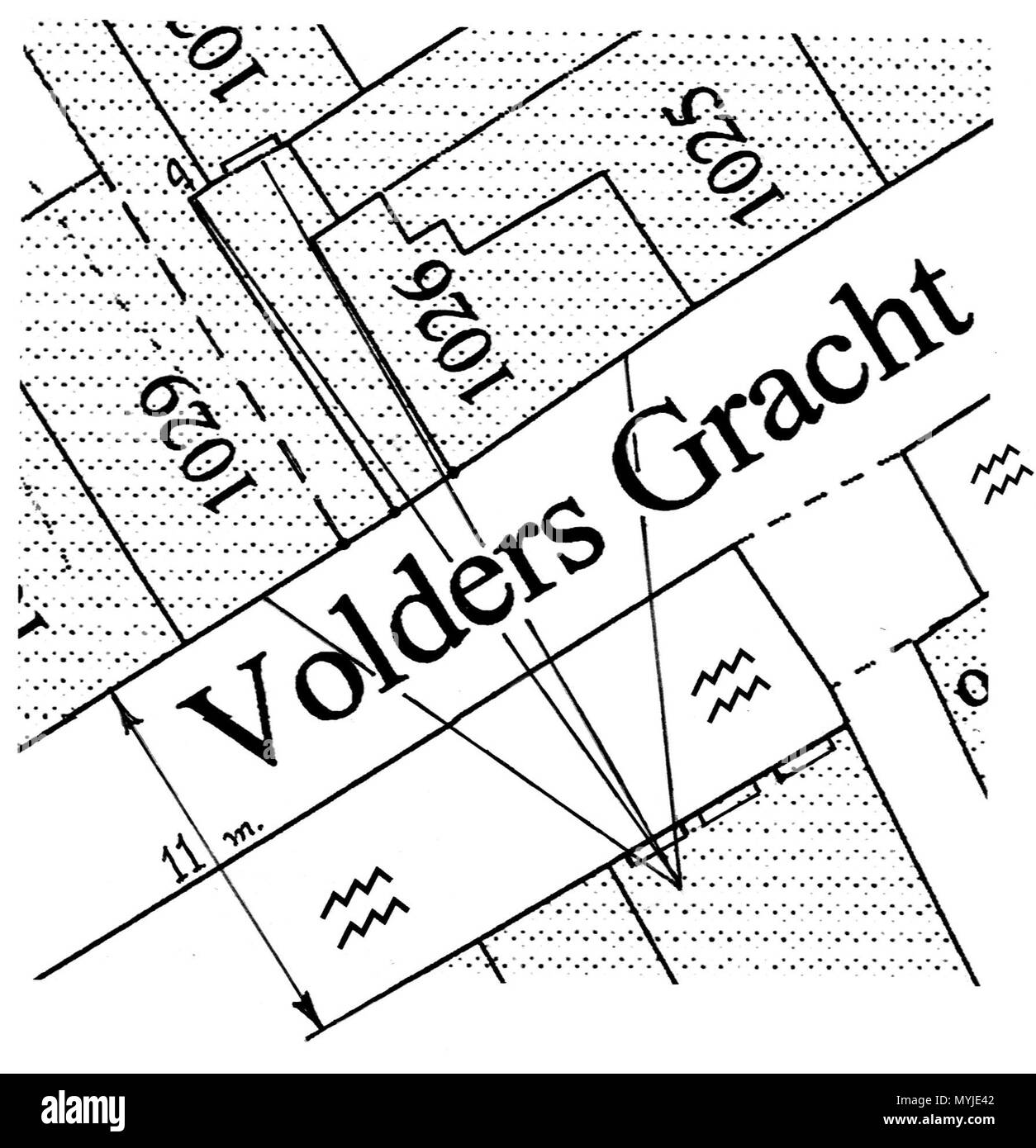 . Inglese: Vista sul Voldersgracht dal retro della casa di 'Mechelen', dove il pittore Vermeer ha vissuto durante i suoi primi anni. L'angolo stretto tra i sightlines mostra la vista nel gate in Voldersgracht . digitalizzato in 2009. Primasz 326 LittleStreetLocation2 Foto Stock