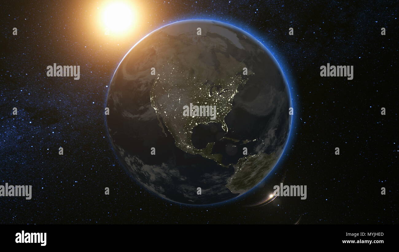 Vista dallo spazio sul pianeta terra e sole stella rotante sul suo asse in nero universo. Seamless loop con il giorno e la notte le luci della città cambia. Astronomia e concetto di scienza. Elementi di immagine fornita dalla NASA Foto Stock