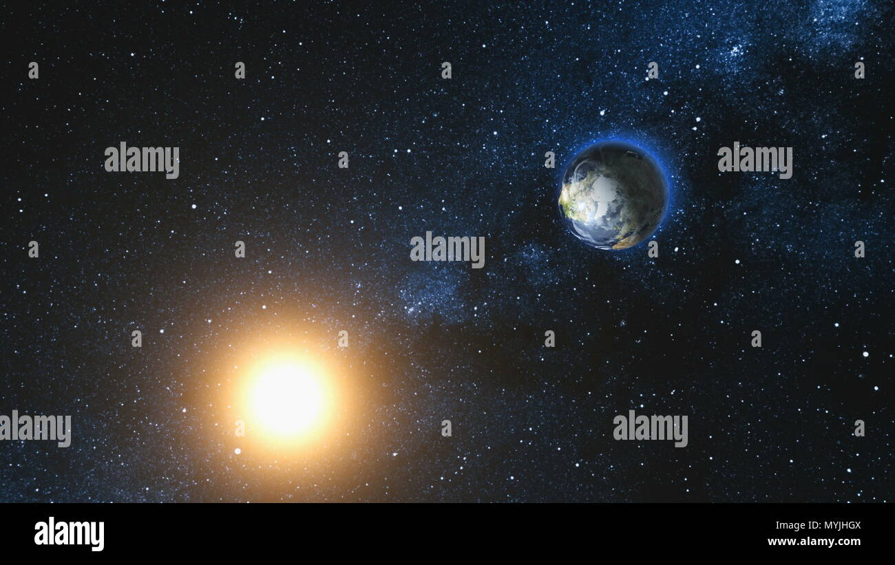 Vista dallo spazio sul pianeta terra e sole stella rotante sul suo asse in nero universo. Via Lattea in background. Seamless loop con il giorno e la notte le luci della città cambia. Elementi di immagine fornita dalla NASA Foto Stock