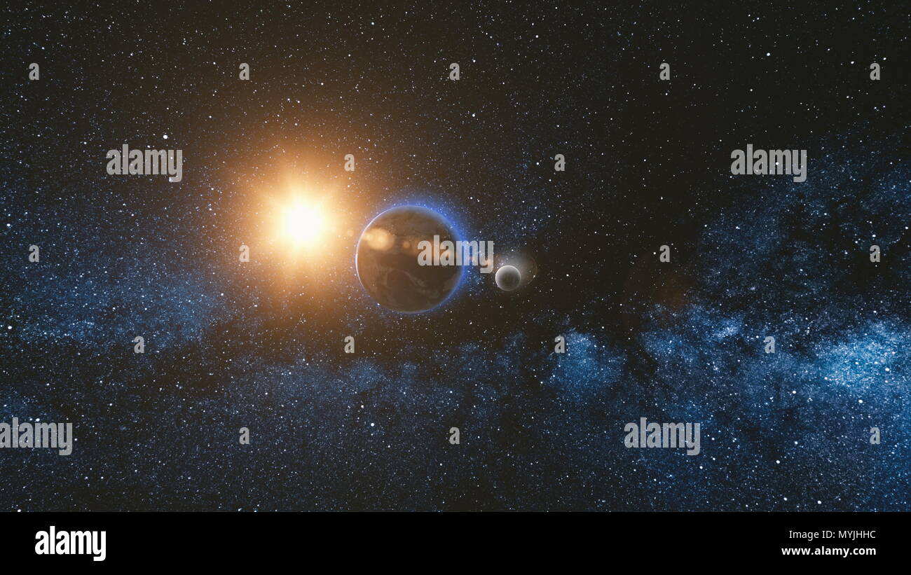 Sunrise vista dallo spazio del pianeta Terra e la luna ruotare nello spazio. Blue sky Via Lattea con migliaia di stelle in background. Astronomia e concetto di scienza. Elementi di immagine fornita dalla NASA Foto Stock