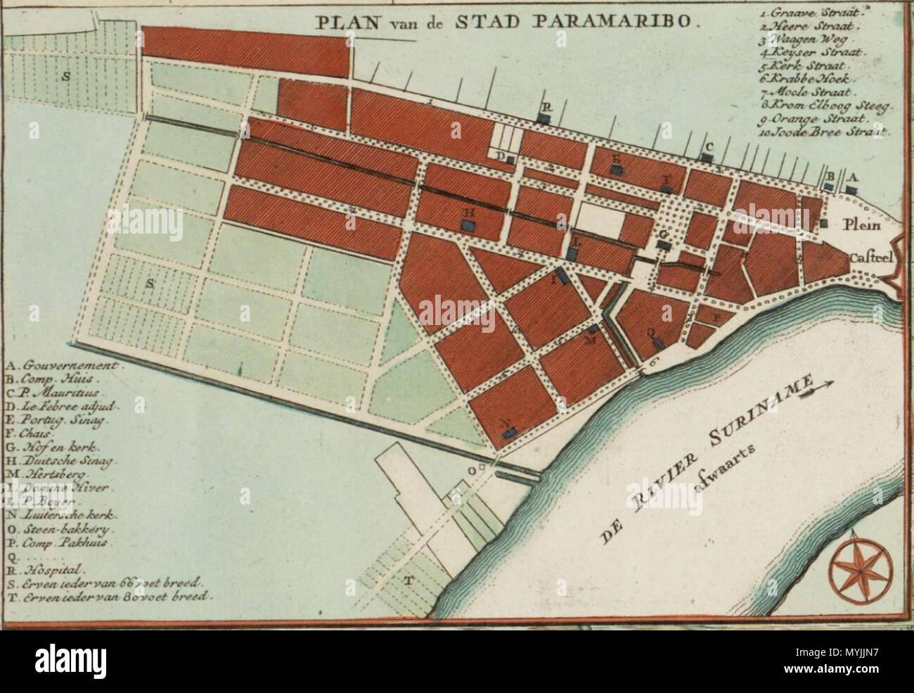. Nederlands: Frammento uit: Algemeene kaart van de colonie di Provintie van Suriname (situatie 1737). Situatie: 1737, vervaardigd: 1758. Graveur Hendrik de Leth, Cartograaf Alexander de Lavaux 289 Kaart van Paramaribo Foto Stock