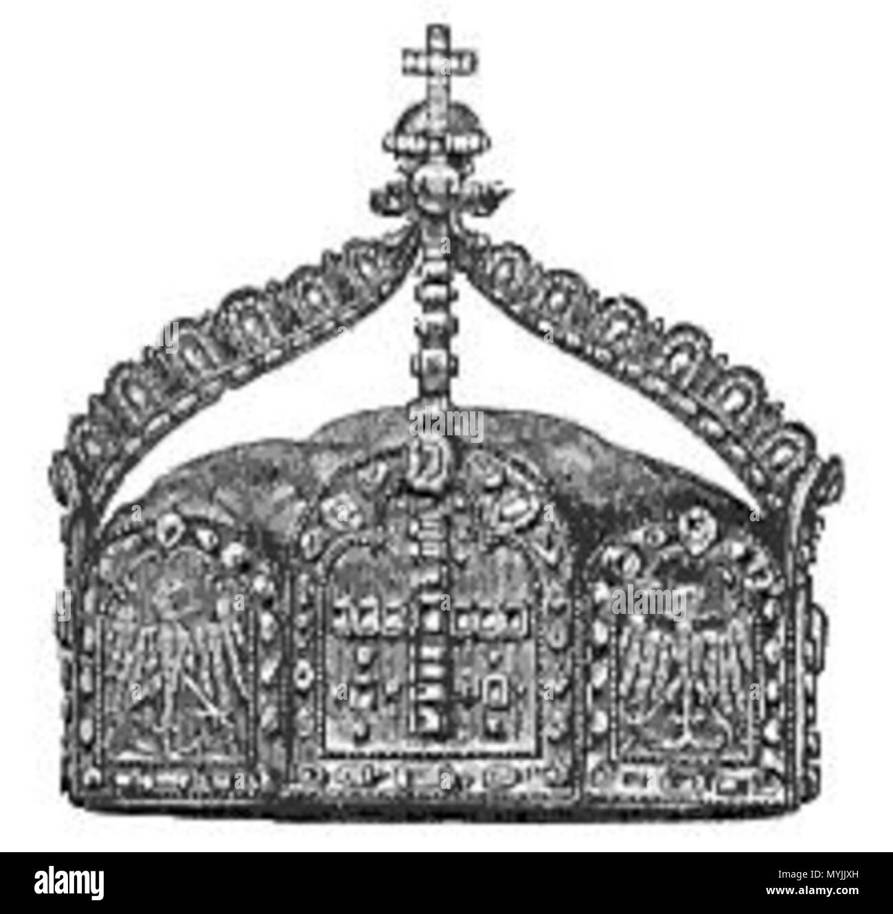 . Nederlands: Tekening uit de 19e eeuw van de Kroon van het Duitse Rijk. Deze kroon verschilt in dettagli van de in de Weense Hofburg bewaarde keizerskroon uit de 10e lle eeuw, de zogenaamde 'kroon van Karel de Grote'. De Kroon van het Tweede "Rijk'heeft alleen op papier bestaan. Inglese: disegno del XIX secolo la corona del Secondo Impero Tedesco. Xix secolo. Heroldsamt 289 Kaiserkrone (2. R.) Foto Stock