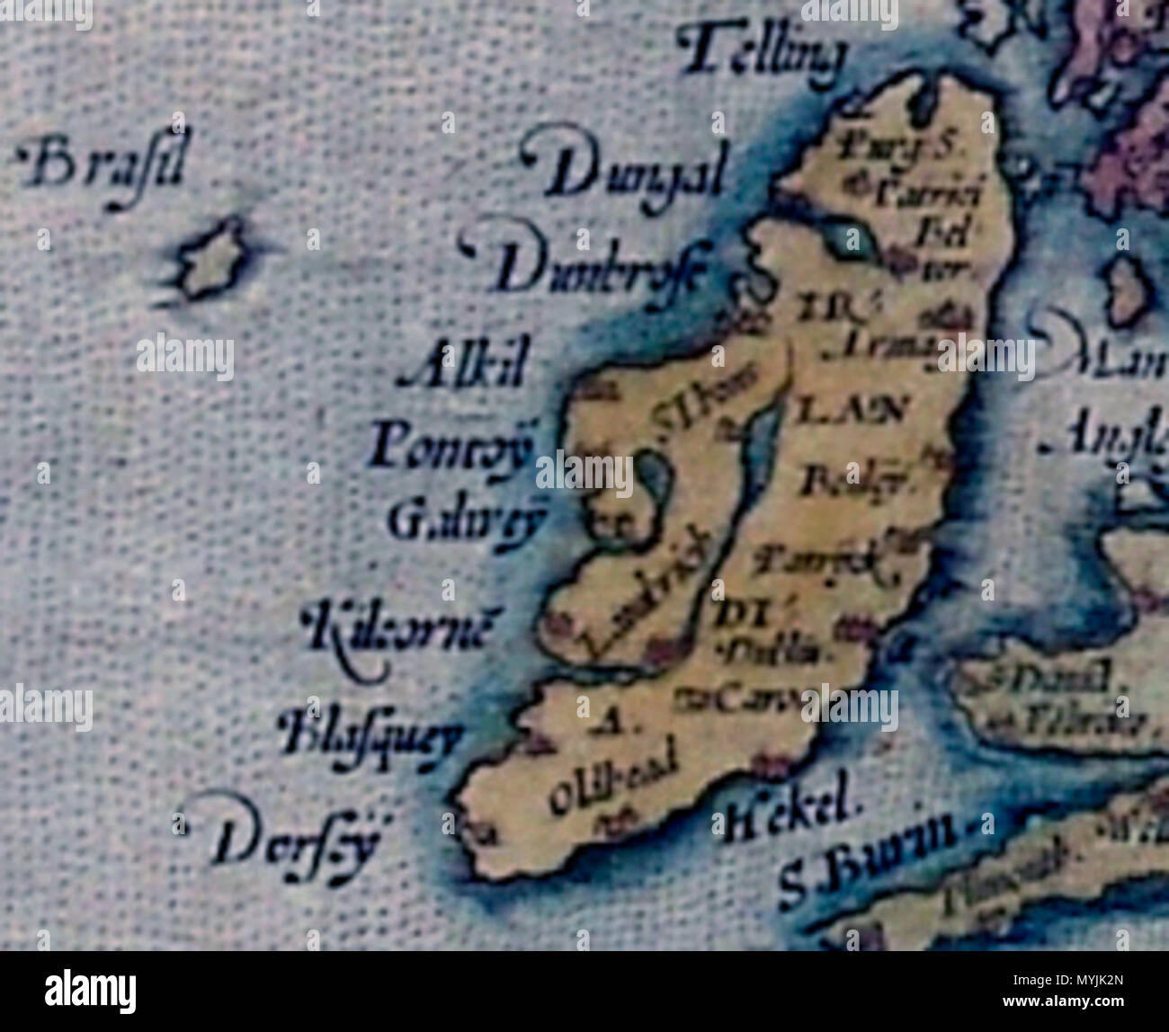 . L'Irlanda come illustrato sul 1572 Mappa di Europa da Abraham Ortelius. Interessanti sono la prominente dotata di San Patrizio Purgatorio e la curiosa isola di Brasil. 14 settembre 2008, 17:16 (ora UTC). lavoro derivato: AFBorchert (PARLA) 1572 Europa Ortelius.jpg: Ortelius 400 Ortelius 1572 Irlanda mappa Foto Stock