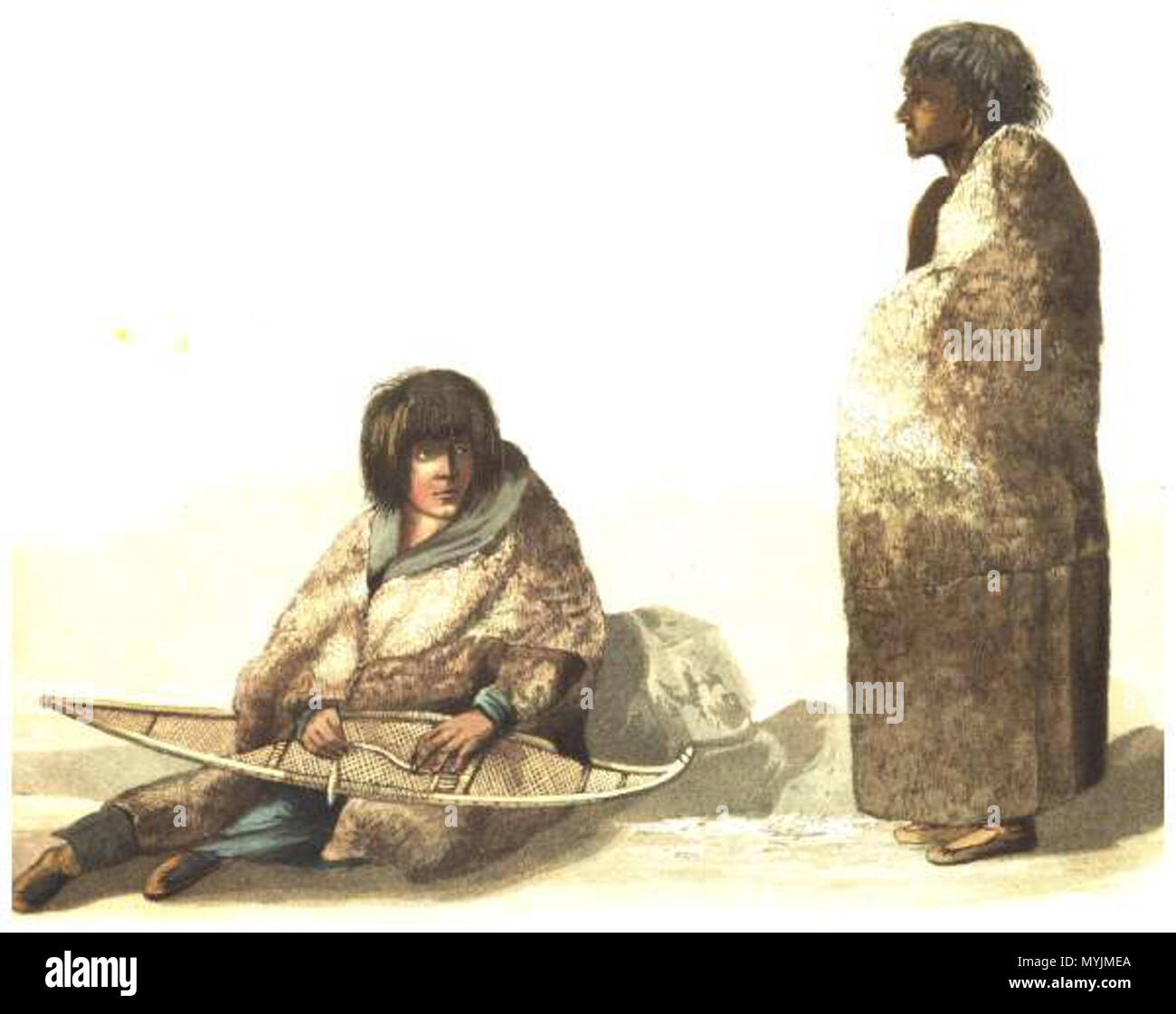 . Un cacciatore di Yellowknife denominato Keskarrah (destra) e sua figlia (soprannominato 'Greenstockings') assorbita durante il John Franklin per la spedizione il Coppermine River. 1821. Robert Hood (c.1797-1822) 295 Keskarrah e figlia Foto Stock