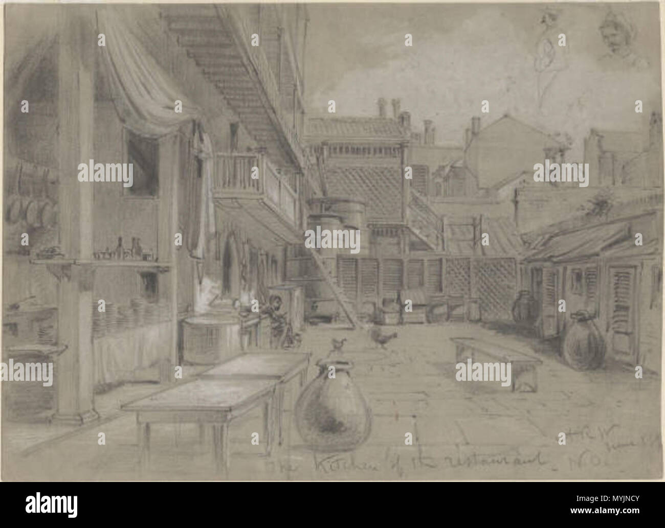 . La cucina del ristorante di New Orleans, schizzo da A. R. Waud, c. 1866 - 1871. Mostra cortile aperto nel vecchio quartiere. Cucina attrezzata in area coperta a sinistra. Nella piazza ci sono tavoli, banchi, grandi brocche o anfore, e un paio di polli allentati. Non datato. Da uno di Waud resta in città 1866 - 1871. (Probabilmente il 1871 soggiorno, come egli sembra aver fatto più schizzi quotidiane di scene domestiche durante quel viaggio.). Alfred Rudolph Waud, 1828 - 1891 297 KitchenOfRestaurantNewOrleansWaud Foto Stock