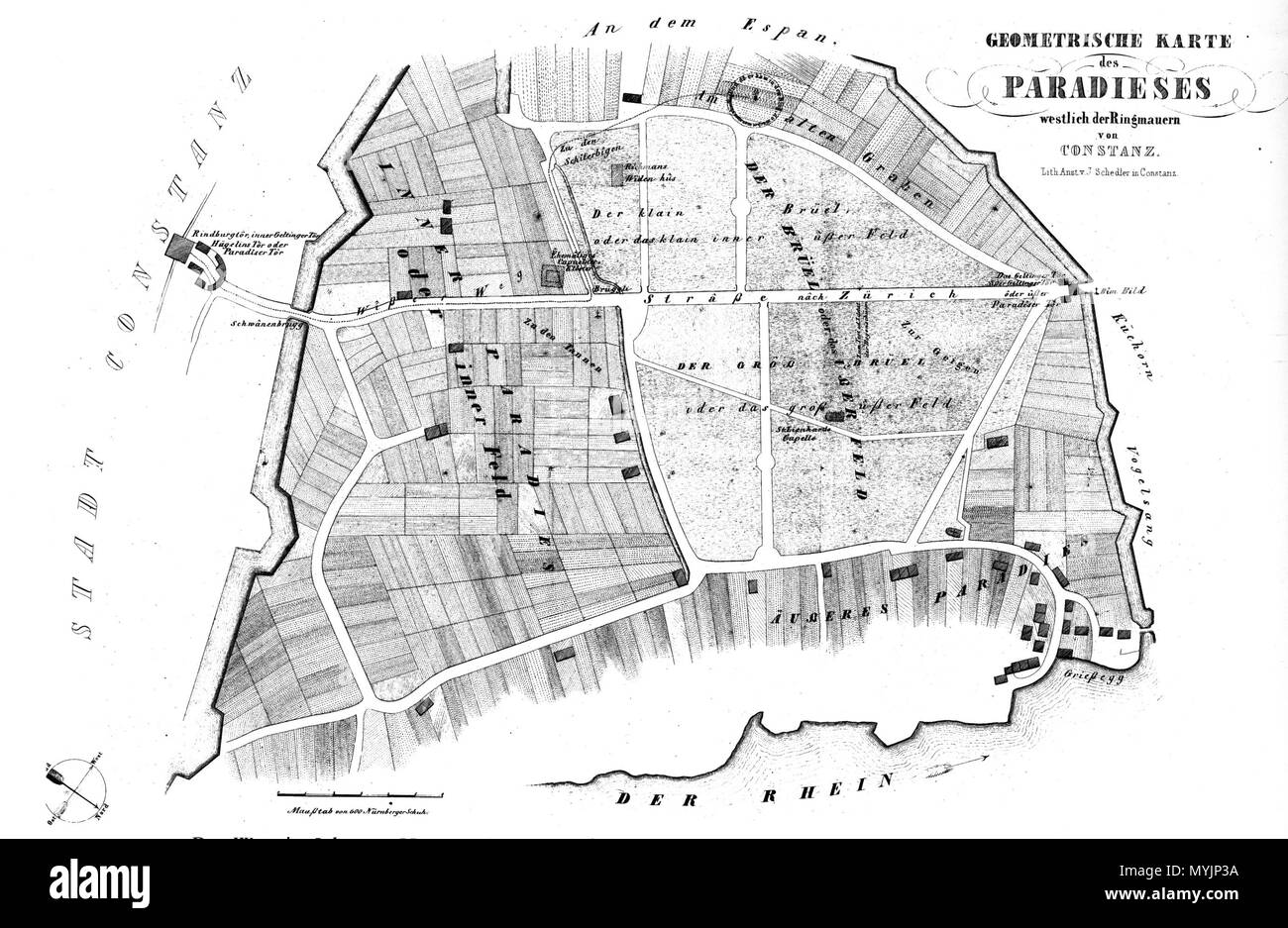 . Deutsch: Rekonstruktion der Konstanzer Gemarkung Paradies um die Konzilszeit; die Karte zeigt den "Brühl" Vor den Stadtmauern. Der Kreis am oberen Rand zeigt die Stelle un, wo Jan Hus verbrannt wurde, die gestrichelte Linie seinen Weg zur Hinrichtungsstätte. Zeichnung von J. Eiselein 1847 Inglese: la ricostruzione della zona chiamata "Brühl" al di fuori delle mura di Costanza, dove Jan Hus fu bruciato sul rogo. Il cerchio in alto segna il punto in cui la partecipazione è stata localizzata; la linea tratteggiata che conduce ai marchi Hus' ultime fasi. Disegno di J. Eiselein 1847 . 1843. J. Eiselein (1847) 301 Konstanz Par Foto Stock