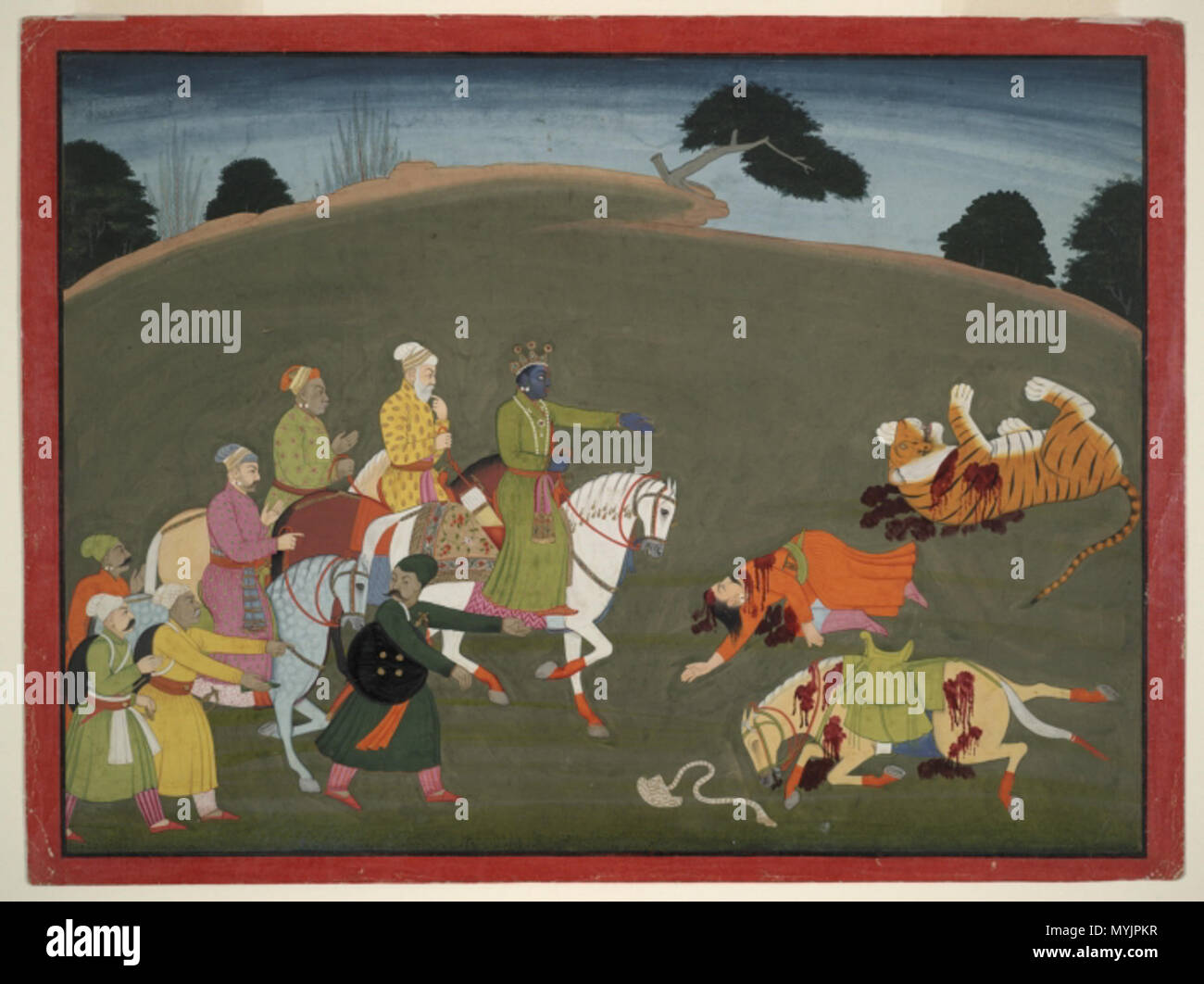 . Inglese: Illustrazione per la Bhagavata Purana, Libro 10: Krishna a cavallo ca. 1760 Artista sconosciuto: la vera M. e John D. MacDonald, B.A. 1927, Raccolta, dono della sig.ra John D. MacDonald 2001.138.33 Dettagli oggetto medio: acquerello opaco e oro su carta di dimensioni: senza supporto: 26,4 x 37.6cm (10 3/8 x 14 13/16in.) con supporto di montaggio: 45 x 55cm (17 11/16 x 21 5/8in.) Geog. Data: Periodo: Periodo Mughal (1526 - 1857) la cultura indiana . circa 1760. Sconosciuto 303 Krishna a cavallo Foto Stock
