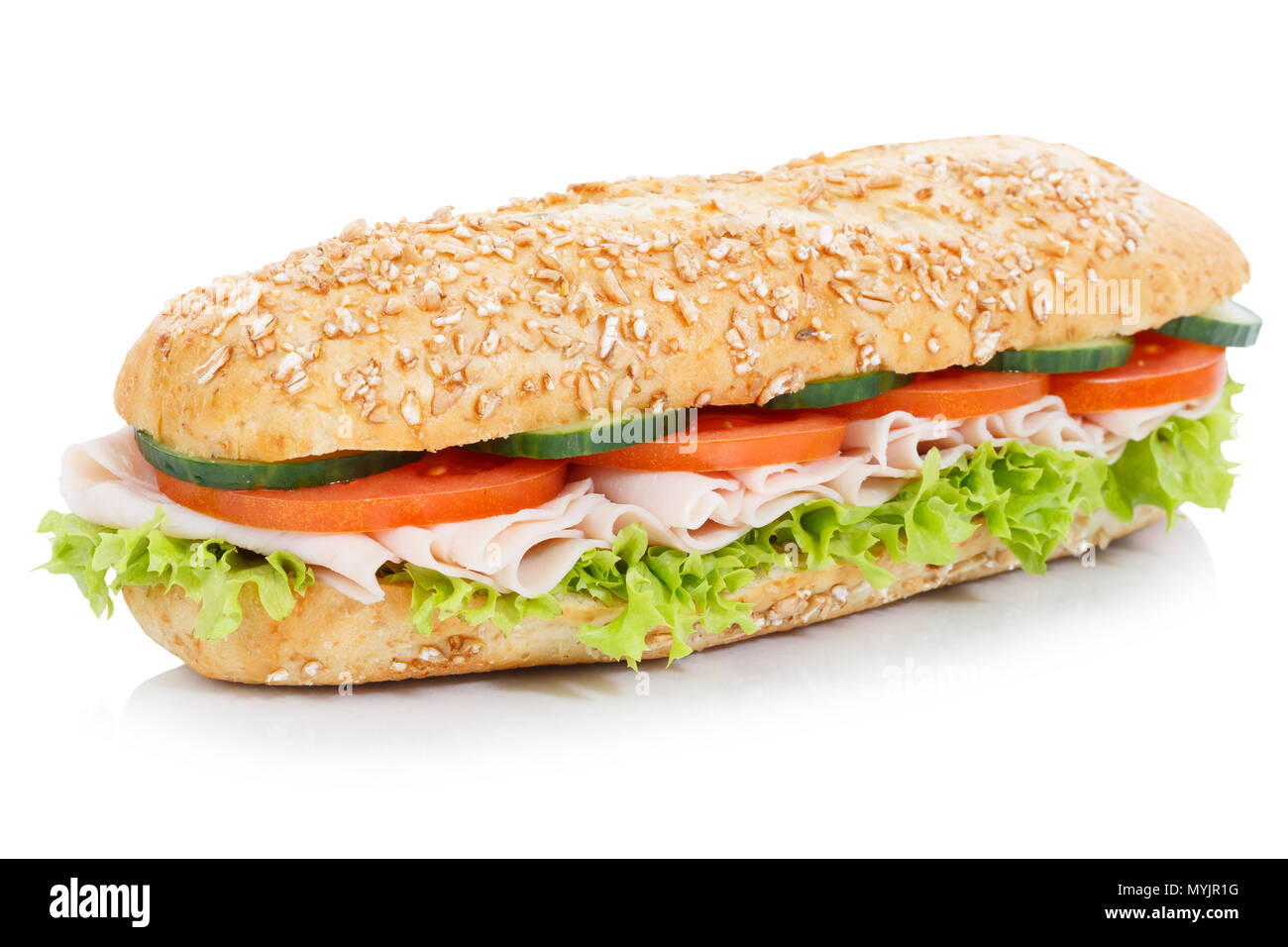 Sub sandwich con prosciutto grani interi baguette di grano isolato su uno sfondo bianco Foto Stock