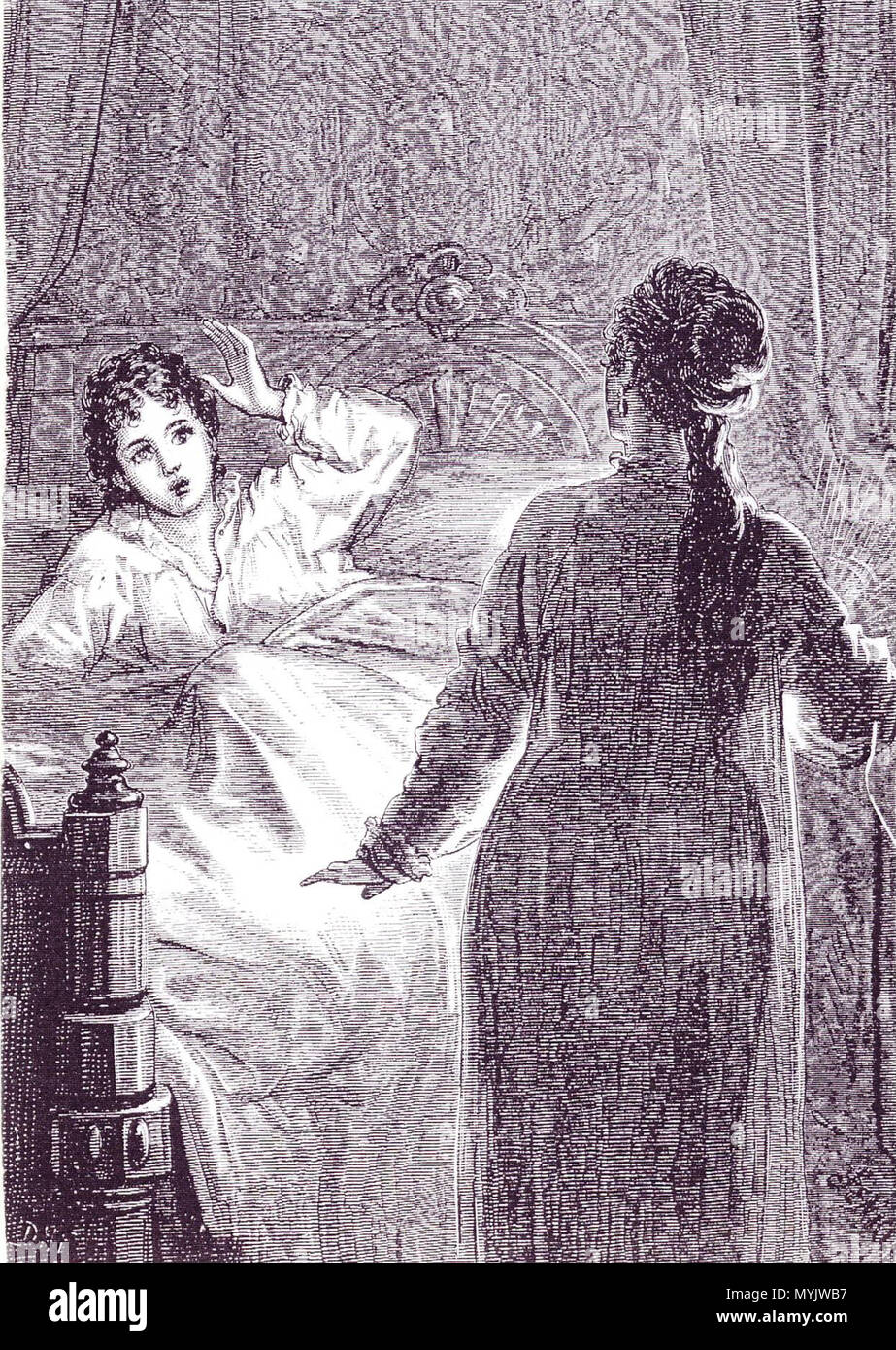 . Inglese: illustrazione di David Henry Friston per Carmilla, in blu scuro (febbraio 1872), electrotype dopo incisione su legno, riprodotta nelle migliori storie di fantasmi, ed. Bleiler. 1872. David Henry Friston, fl. 1850s a fine 1880 198 Friston, Carmilla (Laura a letto) Foto Stock
