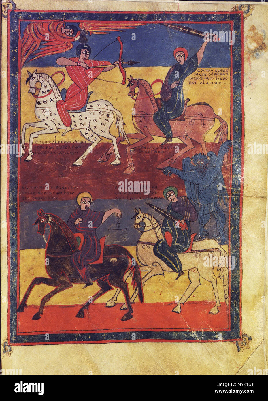 . Español: Los cuatro jinetes del Apocalipsis (Ap. 6, 1-8) . 2 gennaio 970. Il Beato de Liébana, Santo 328 Los cuatro jinetes del Apocalipsis Foto Stock