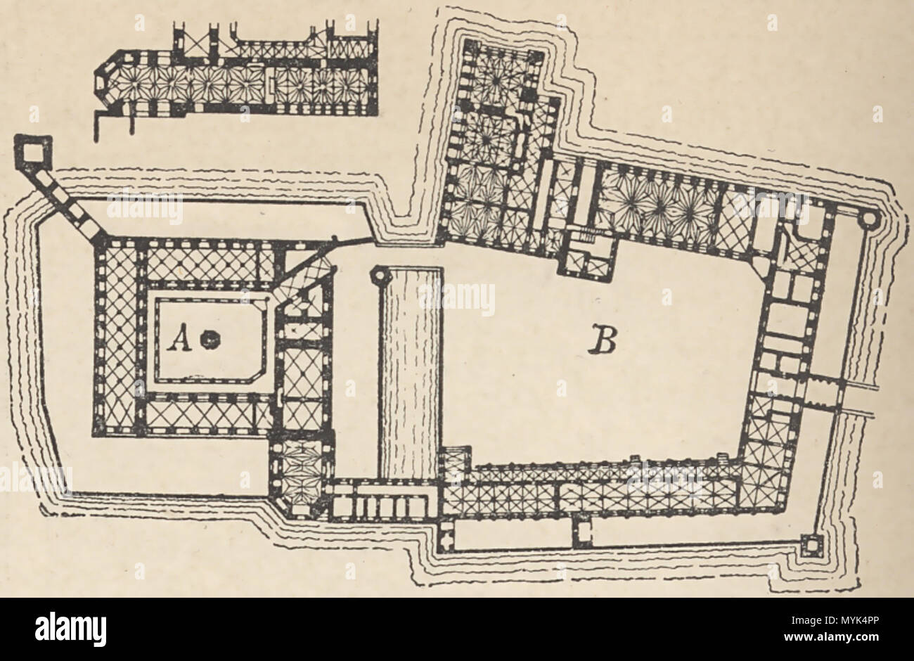 . Inglese: Mappa piano terra nel castello di Malbork Polski: Zamek w Malborku, Wysoki Zamek (A) ho Zamek Średni (B), piano przyziemia. Brockhaus, 1892 Deutsch: Grundriß von Schloß Marienburg . Originariamente caricato polacco di Wikipedia da pl:User:Topory giu 24, 2004 340 piano Malborg przyziemia zamku Foto Stock