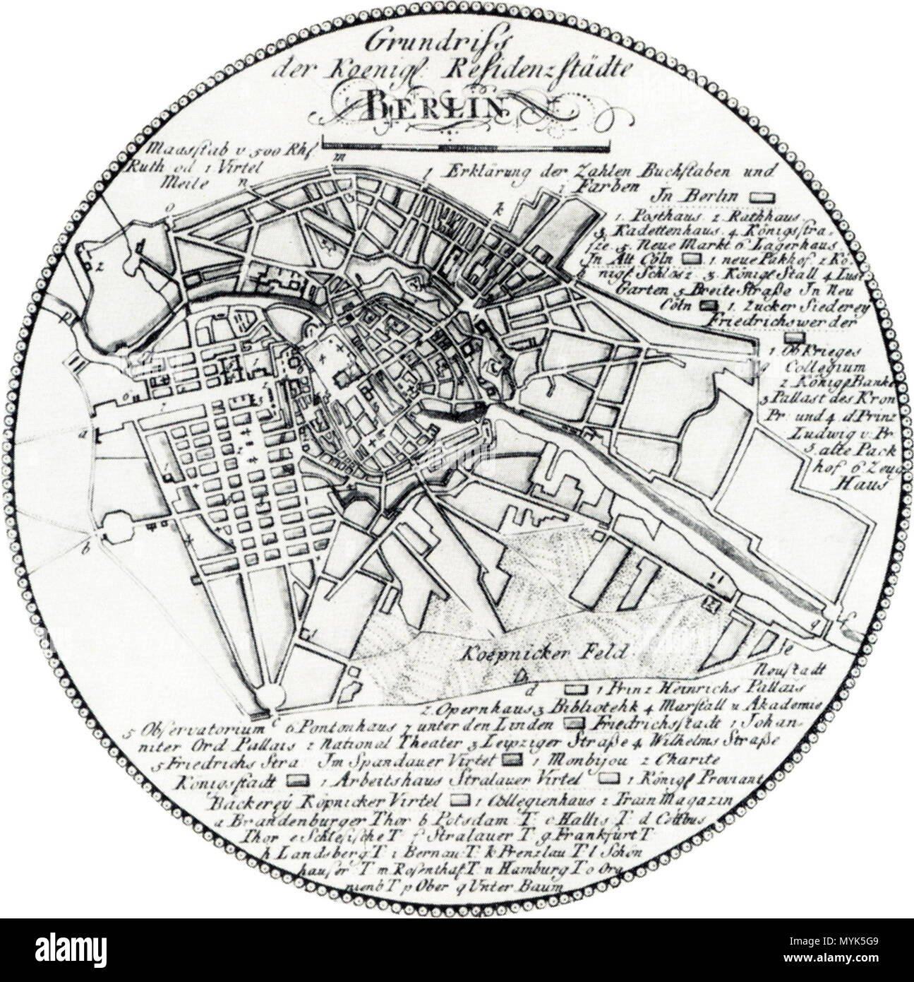 . Deutsch: Grundriß der Königlichen Residenzstädte Berlin um 1800, kolorierter Kupferstich. Durchmesser: 8 cm, Maßstab: etwa 1:80.000. Inglese: Mappa della sede del potere reale di Berlino circa 1800, colorato di incisione su rame. 1800. Schmidt 342 Mappa de Berlin 1800 Foto Stock
