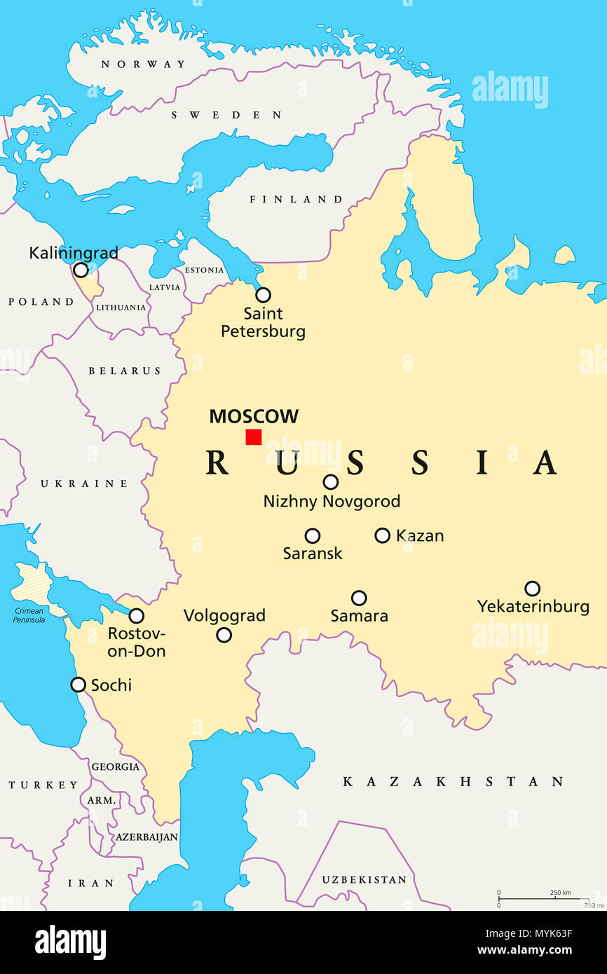 Mappa delle sedi della Coppa del Mondo di Calcio in Russia, 2018. Mappa Politico della parte occidentale della Federazione russa con capitale Mosca e frontiere. Foto Stock
