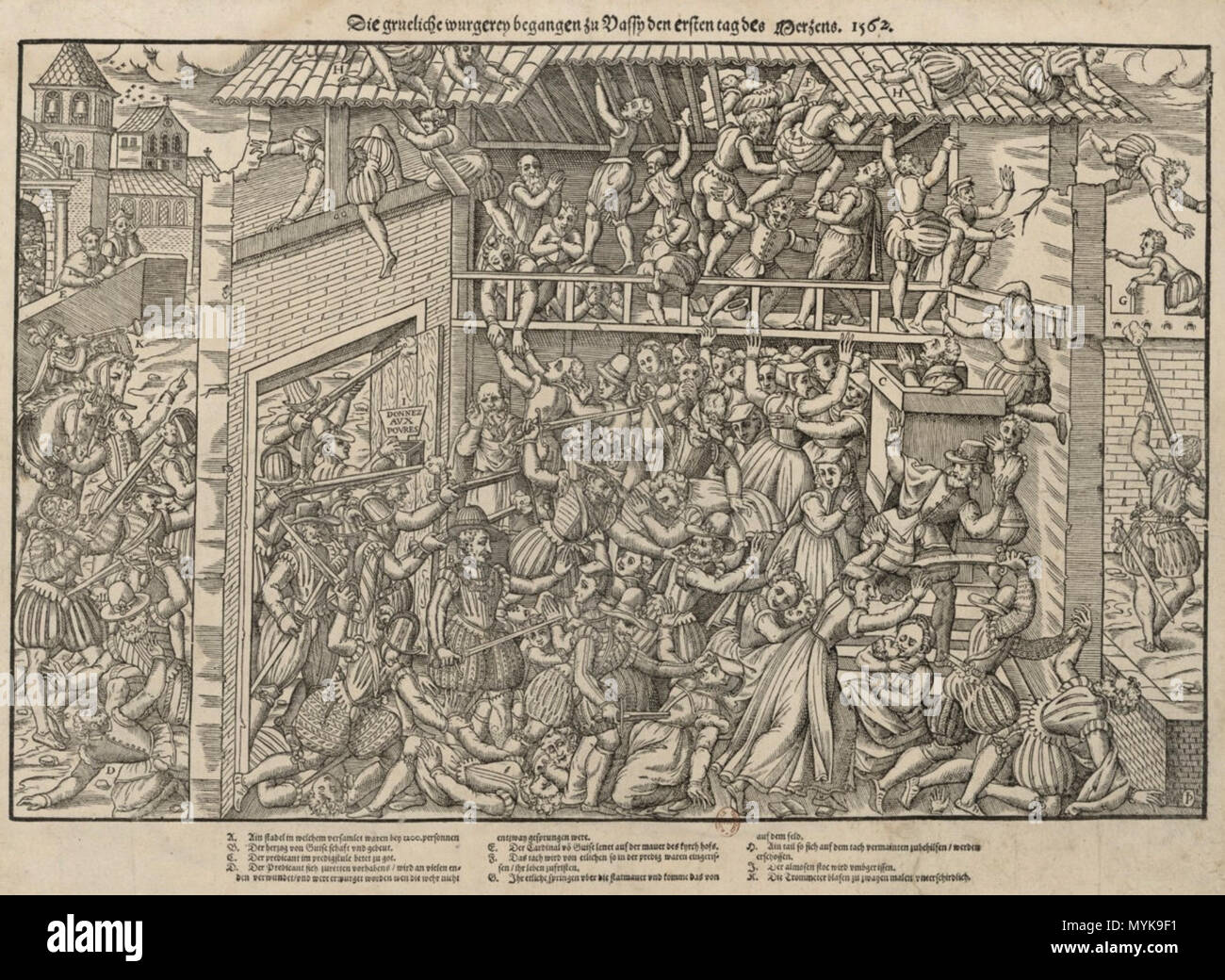 . Français : massacro de Wassy, 1er mars 1562, rotocalcografia de Tortorel et Perrissin, avec une légende en allemand. 1570. Tortorel et Perrissin 353 Massacredewassytortorel Foto Stock