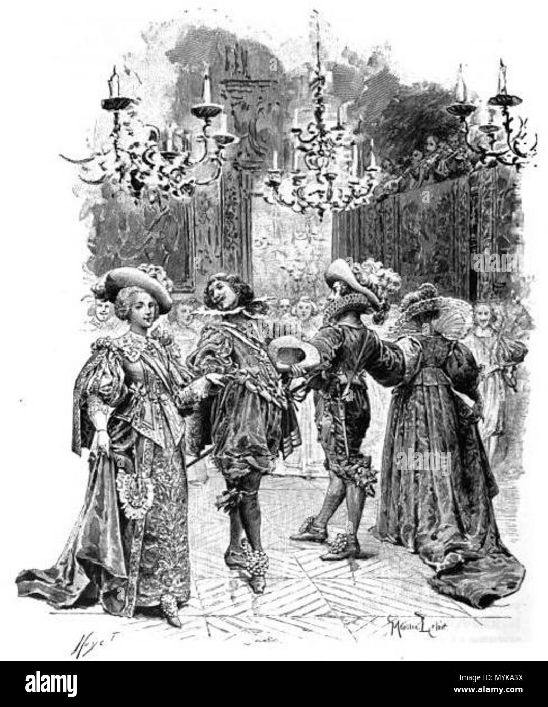 . Inglese: una illustrazione per i tre moschettieri di Alexandre Dumas père. Volume I, capitolo XXII: il balletto di La Merlaison. Русский: Иллюстрация к роману Александра Дюма "Три мушкетёра". Часть I, глава XXII: "Мерлезонский балет". 1894. Disegno originale di Maurice Leloir (1851-1940), incisione su legno di Jules Huyot (1841-1921) 355 Maurice Leloir - Le Ballet de la Merlaison Foto Stock