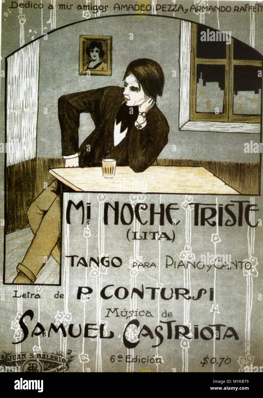 . Inglese: il punteggio del titolo di Mi noche triste, il primo tango-canzone. Le liriche di Pascual Contursi; musica di Samuel Castriota; registrato la prima volta da Carlos Gardel nel maggio 1917. Deutsch: Titelblatt der Partitur von Mi noche triste, dem Ersten Tangolied. Testo von Pascual Contursi; Musik von Samuel Castriota; erstmals aufgenommen von Carlos Garden im Mai 1917. circa 1915. Sconosciuto 361 Mi noche triste Foto Stock