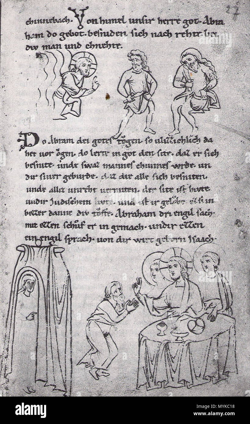 . Inglese: Pagina del "Millstätter Handschrift", un manoscritto su pergamena prodotta intorno all'anno 1200 nell'Abbazia di Millstatt vicino a Spittal an der Drau / Carinzia / Austria / UE. Deutsch: Pergamentseite mit Text und farbigen Federzeichnungen aus der Genesi der Millstätter Handschrift, die im Stift Millstatt um 1200 entstanden ist. Millstatt liegt in Kärnten / Österreich / UE. Der Text ist im Kärntner Landesarchiv, HS 6/19, fol. 27 archiviert. Il 21 maggio 2006. Popie 364 Millstatt Handschrift fol27 Foto Stock