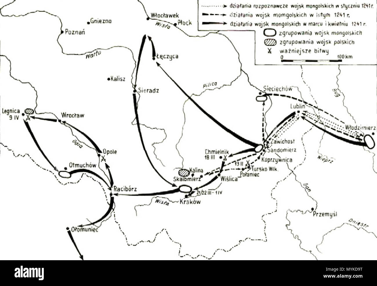 . Inglese: l'invasione mongolo di Polonia a partire dalla fine del 1240 a 1241 Polski: Trasa mongolskiego najazdu na Polskę w 1241 roku . nieznana. arkon66 368 Mongolowie najazd 1241 Foto Stock