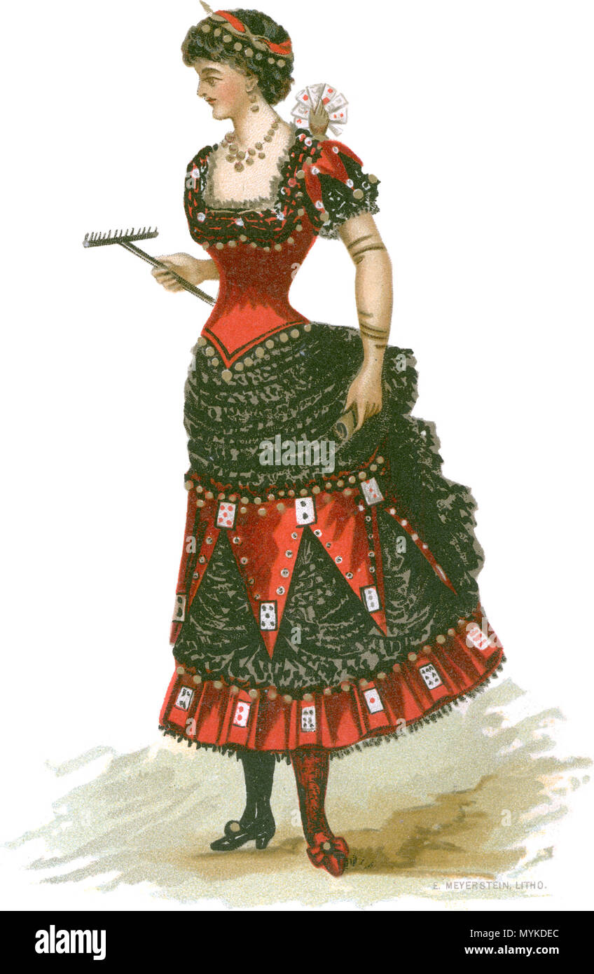 . Inglese: MONTE CARLO. Abito, metà raso rosso, metà in velluto nero ; una scarpa rosso e uno nero ; minigonna sfrangiato con monete e cappuccio appuntito di raso rosso ; croupier è portato a rastrello in mano. Marzo 1884. Holt, Ardern; T. T.; E. Meyerstein, lastre litografiche. 369 Monte Carlo1884 Foto Stock
