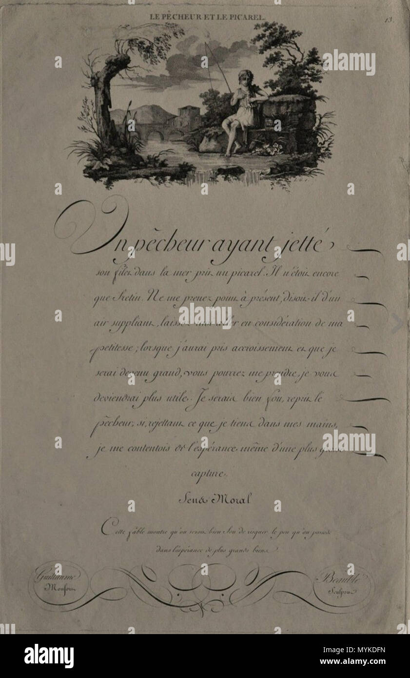 . Français : Planche extraite des Favole d'Esope par Guillaume Montfort... Parigi : Jean, ca. 1795. Il 15 marzo 2016. Guillaume de Montfort, calligraphe. 369 Montfort Picarel Foto Stock