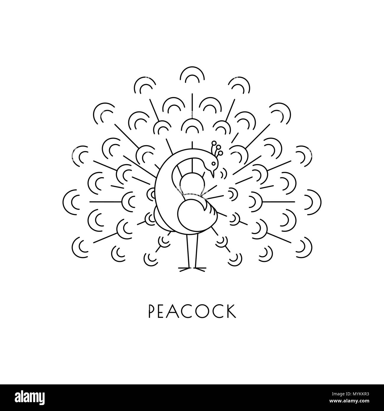 Peacock segno lineare bird isolato su bianco. Vector logo design Illustrazione Vettoriale