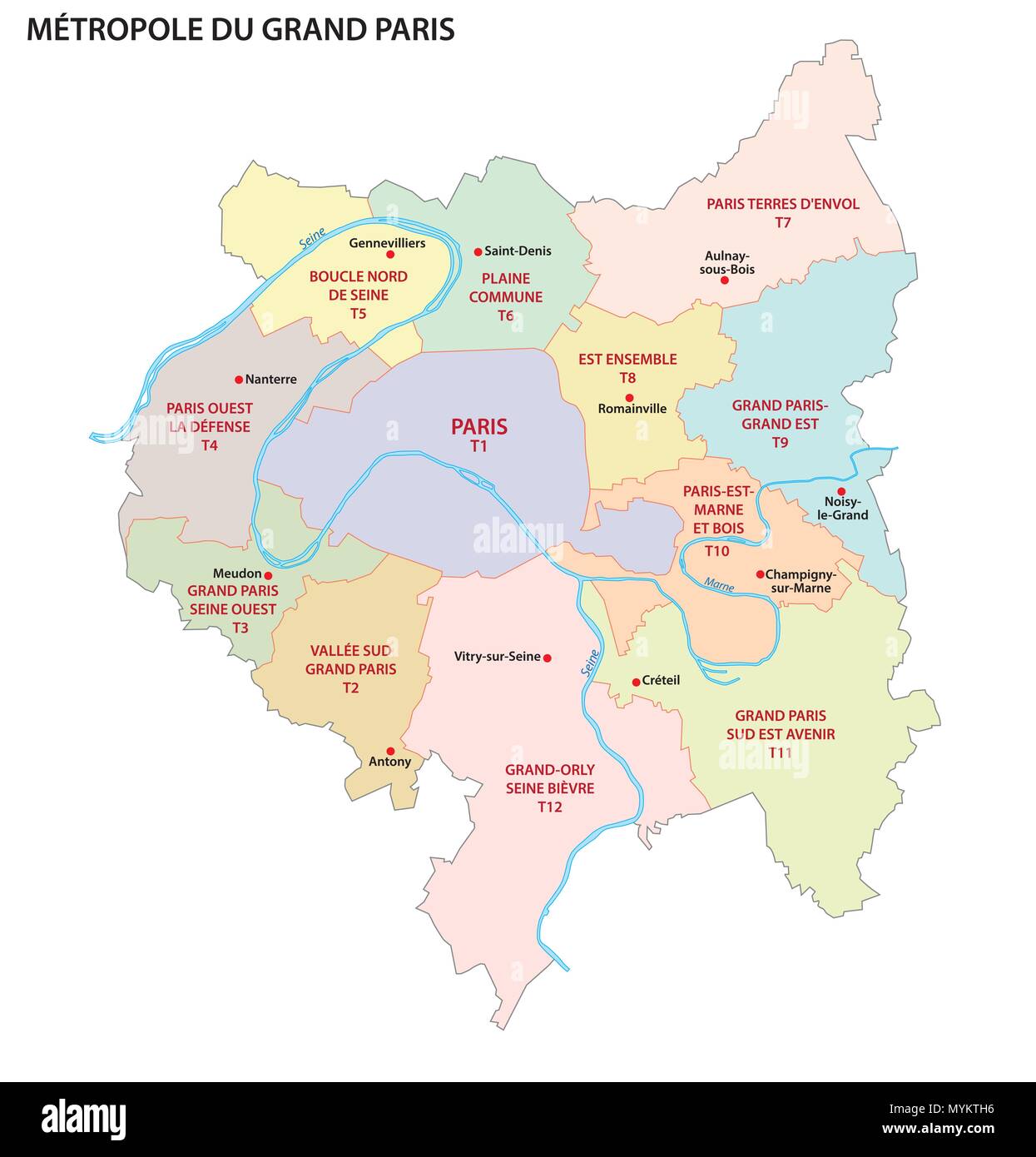 Metropoli di maggiore Paris politica e amministrativa di mappa vettoriale, Francia Illustrazione Vettoriale