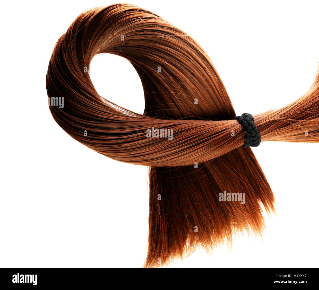 Lungo rettilineo sani marrone capelli coda di cavallo su sfondo bianco Foto Stock