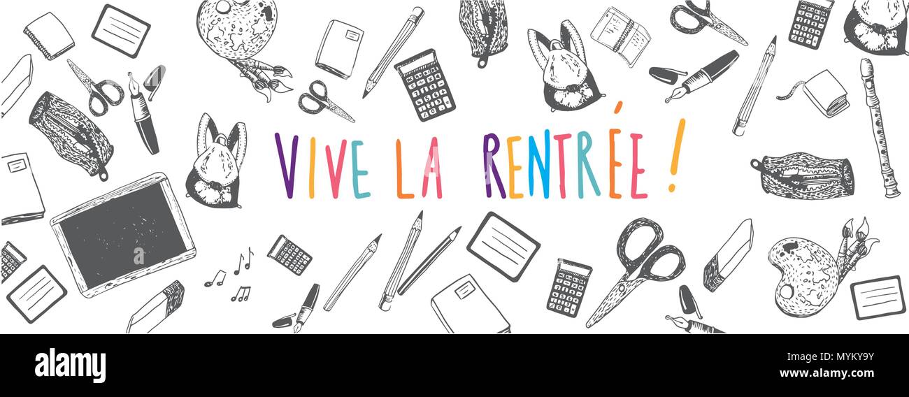 Il francese torna a scuola scarabocchi banner vettore Illustrazione Vettoriale