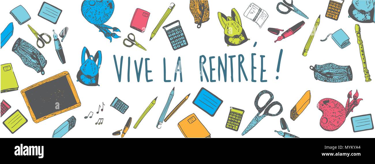 Il francese torna a scuola scarabocchi banner vettore Illustrazione Vettoriale