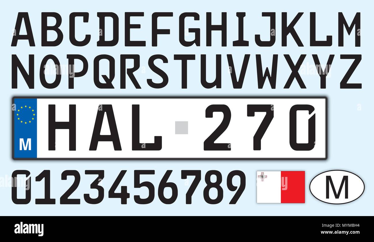 Malta, piastra auto con numeri, lettere e simboli Illustrazione Vettoriale