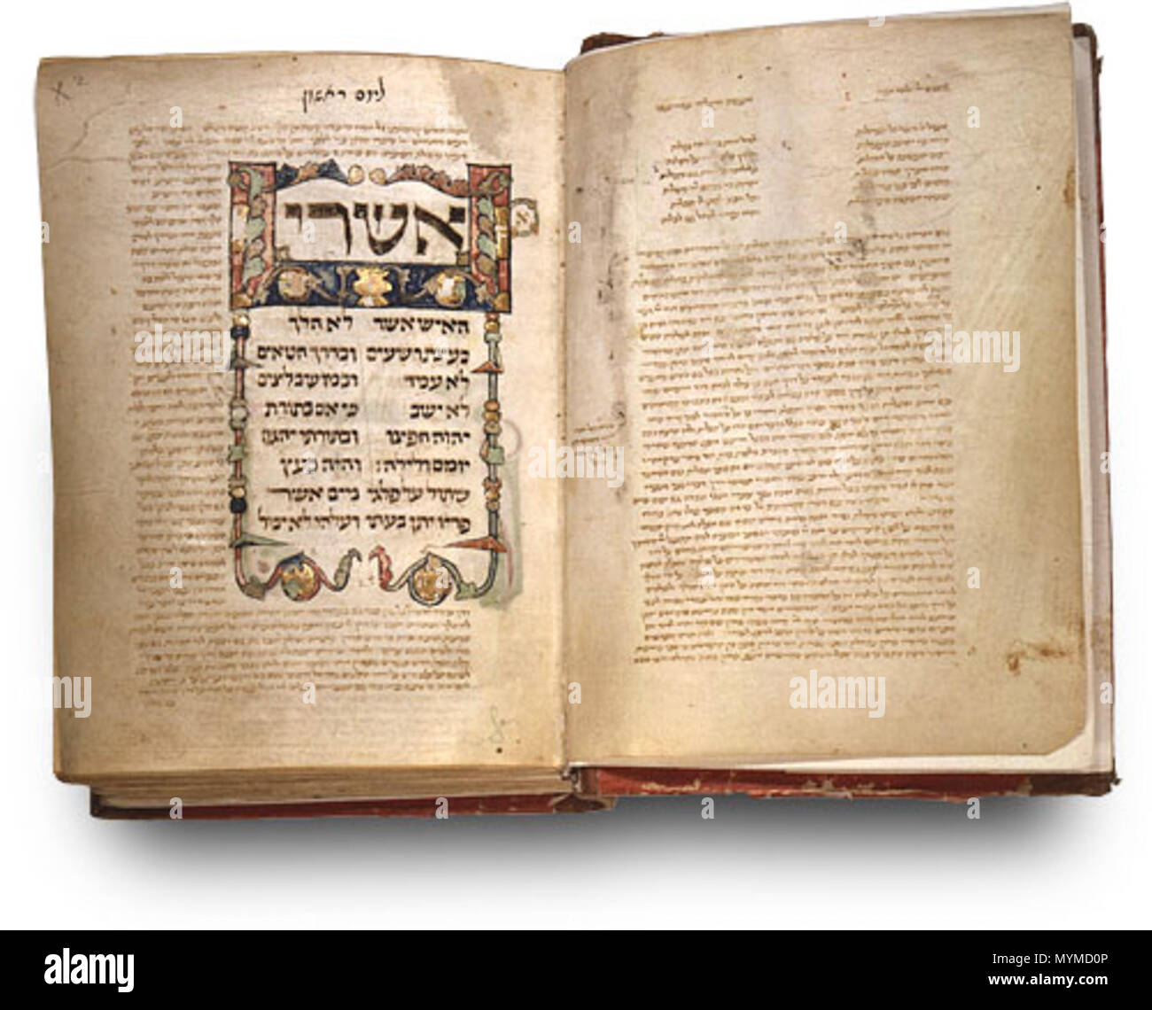 . Inglese: Folio 1b-2a - Salmo 1 - 'felice è l'uomo che non ha camminato nel consiglio degli empi, né si trovava nella via dei peccatori e non seduto nel sedile del sprezzante." L'apertura salmo è illuminato solo con la prima parola del salmo "ashrei' e una cornice decorativa. עברית: עמודים 1b-2a - מזמור א - 'אשרי האיש אשר לא הלך בעצת רשעים, ובדרך חטאים לא עמד, ובמושב לצים לא ישב.' רק המילה 'אשרי' הפותחת את המזמור הראשון מאוירת. כן כמו ישנה מסגרת מקושטת. Il XIII secolo. Sconosciuto 409 Parma Salterio 1b-2a.l Foto Stock