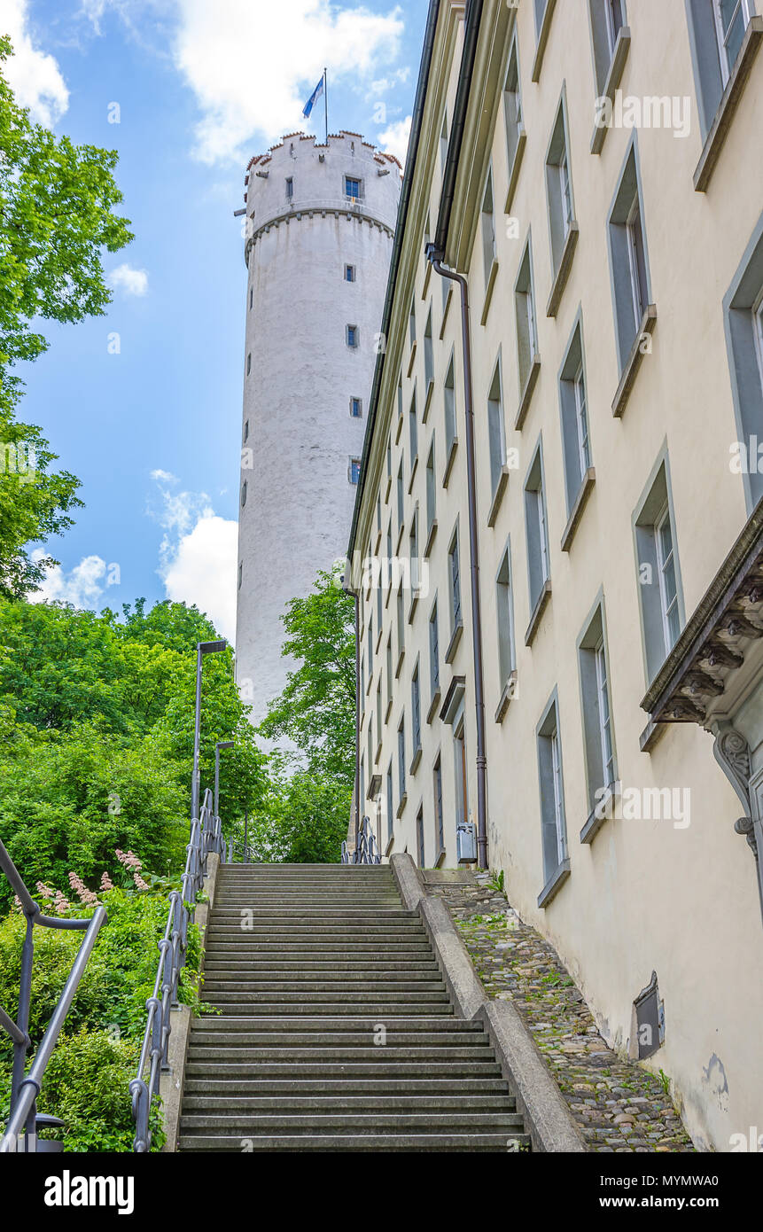 Ravensburg, Baden-Württemberg, Alta Svevia, Germania - scale fino alla torre di Mehlsack. Foto Stock