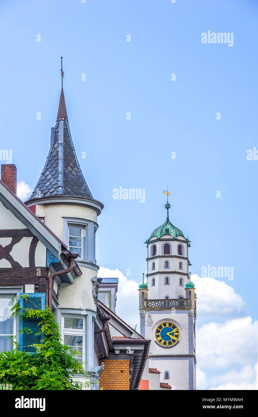 Ravensburg, Baden-Württemberg, Alta Svevia, Germania - città di torrette e torri. Foto Stock