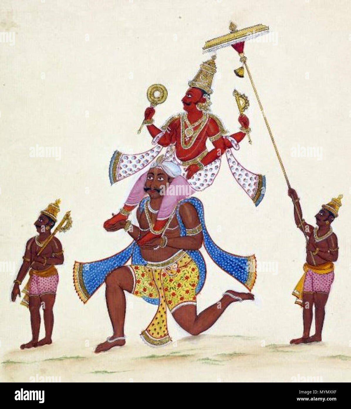 . Inglese: 'gouache pittura su carta da un portafoglio di sessanta-tre dipinti di divinità e della vita quotidiana. Nairruti, custode del sud-ovest, passeggiate sulle spalle di un grandi, scuri figura maschile. Il rosso-complexioned dikpala (custode) è mostrato con quattro bracci. Nella sua parte superiore destra è un oggetto rotondo con una maniglia in alto a sinistra è un ventilatore. Il suo destro inferiore è in abhaya e il suo angolo inferiore sinistro in varada mudra. Egli indossa un dhoti, il angavastra (scialle) posato sul suo gomito, e che egli porta un delicato e disegnati yajnopavita (filetto sacred) attraverso il suo petto. Il robusto uomo supporta Nai Foto Stock . Inglese: 'gouache pittura su carta da un portafoglio di sessanta-tre dipinti di divinità e della vita quotidiana. Nairruti, custode del sud-ovest, passeggiate sulle spalle di un grandi, scuri figura maschile. Il rosso-complexioned dikpala (custode) è mostrato con quattro bracci. Nella sua parte superiore destra è un oggetto rotondo con una maniglia in alto a sinistra è un ventilatore. Il suo destro inferiore è in abhaya e il suo angolo inferiore sinistro in varada mudra. Egli indossa un dhoti, il angavastra (scialle) posato sul suo gomito, e che egli porta un delicato e disegnati yajnopavita (filetto sacred) attraverso il suo petto. Il robusto uomo supporta Nai Foto Stock