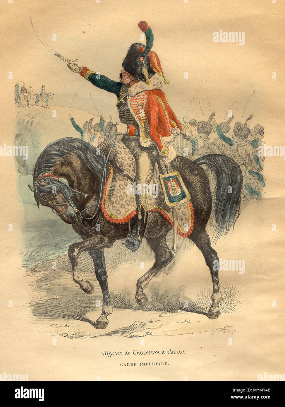 . Francese montato a cavallo chasseur ufficiale della Guardia di Napoleone. Dal libro di P.-M. Laurent de L'Ardeche "Histoire de Napoleone", 1843 . 1843. artista Bellange (1800-1866) 381 Napoleone Chasseur dalla protezione da Bellange Foto Stock