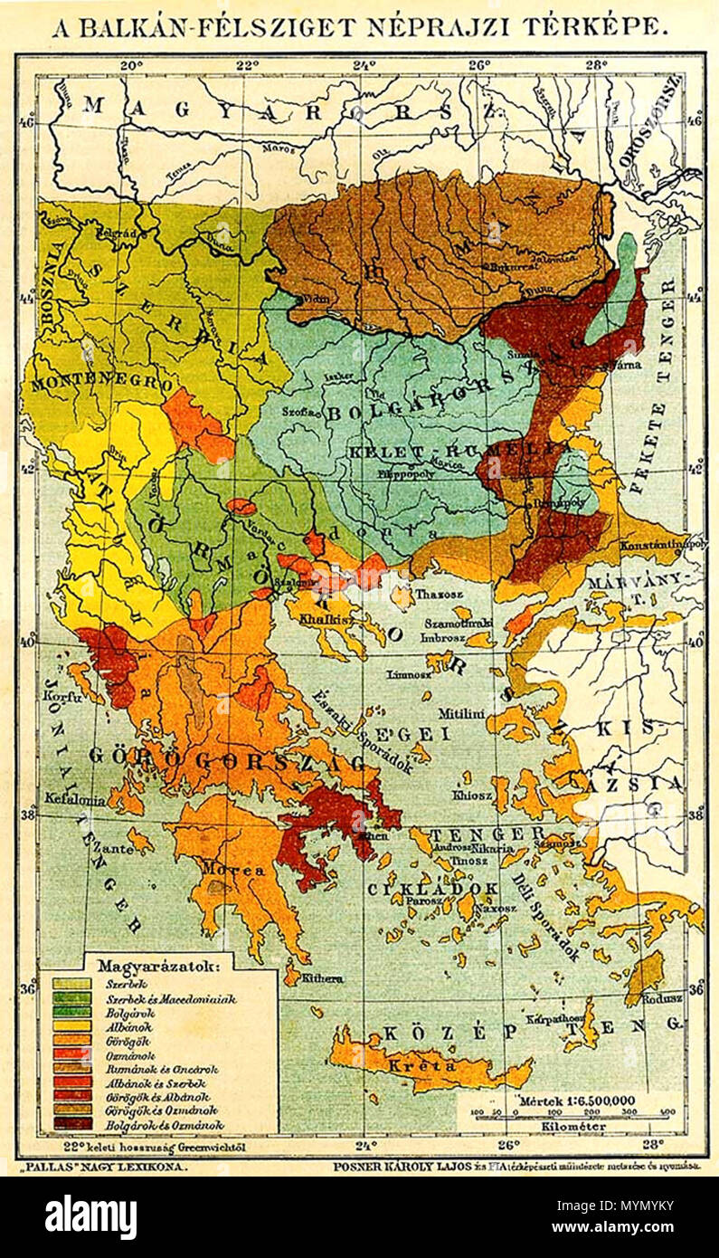 . Български: Етнографска карта на Югоизточна Европа според унгарски лексикон от края на 19 век. Română: Harta etnografică un Europei de Sud-Est, în limba maghiară, aparută în lessico Marele Pallas inglese: mappa etnografica del sud-est Europa, in ungherese, come si vede nella Pallas grande lessico Magyar: Délkelet Europa, etnikus térkép, un Pallas Nagy Lexiconbol Етнографска карта на Югоизточна Европа според унгарски лексикон от края на 19 век. 1897. Carl Ludwig 'Karoly Lajos' von Posner (1822 - 1887) 383 NationalitiesOfSoutheasternEuropePallasNagyLexikon Foto Stock