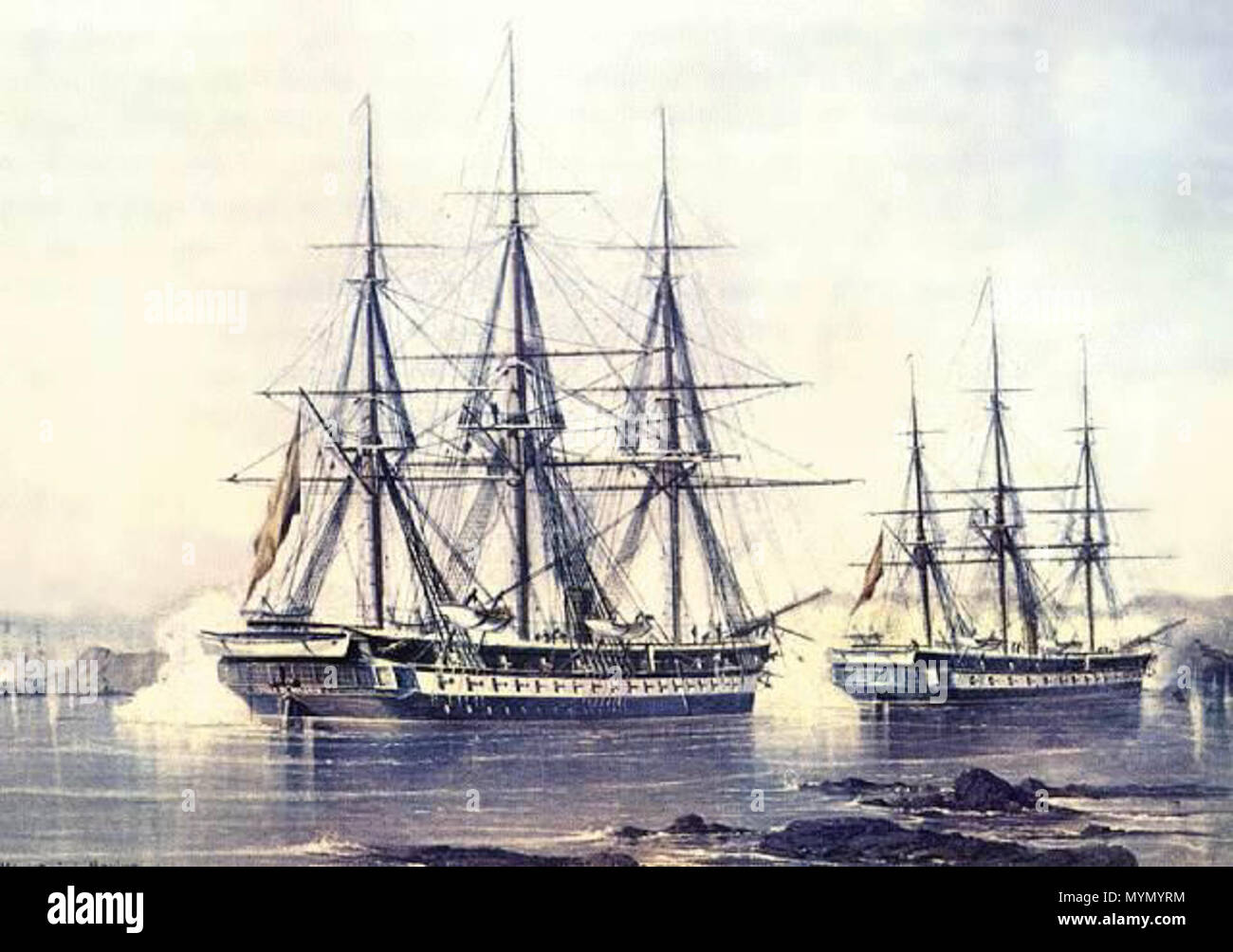. Español: Pintura del Combate Naval de Abtao, en exhibición en el Museo Naval del Ministerio de Marina del Reino de España, Fragatas de hélice Blanca y Villa de Madrid. Obra de Federico Castellón Martinez. Inglese: Spagnolo fregate a vite Blanca e Villa de Madrid durante la battaglia navale di Abtao (1866), spagnola Museo Navale di Madrid. Dipinto da Federico Castellón Martinez. . Federico Castellón Martínez 383 Battaglia navale di Abtao (1866) Foto Stock